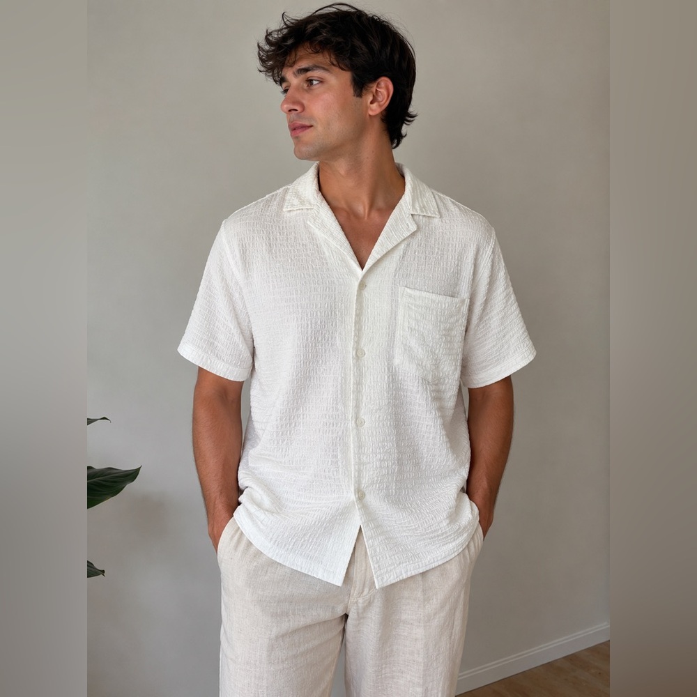 Point Zero Gold Textured Camp Collar Short Sleeve Shirt Ivory Cream NWOT Size L